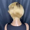 Kadınlar için düz kısa pixie kesilmiş peruk peruvian remy insan saçı t parça dantel peruk sarışın bob peruklar ön kopuk saç çizgisi