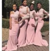 핑크 신부 들러리 드레스 레이스 아플리크 원 어깨 긴 소매 1