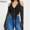 Hugcitar Long Stacked Sleeve Halter Zipper Patchwork Sexig Crop Top Höst Vinter Kvinnor Mode Streetwear Tshitrs Club Tees 220408