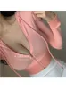 Womengaga Sweatshirt Pink Workout Short Sexig Autumn Casual Hood dragkedja Elegant Solid Color Long Sleeve Top Korean Girl JPJ8 220804