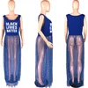 Plus Size Dresses Sleeveless Blue Dress S-5xl Women Summer Mesh Pearls Transparent Sexy Bohemian Maxi Drop