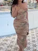 Сексуальные беззащитные спагетти Bodycon Skims платье для женского вечеринка Vintage Print Maxi платье