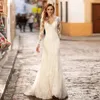 2022 new bride long-sleeved wedding dress simple deep V-neck large backless travel shoot small trailing soft yarn lace Wed Dress Vestido de novia