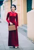 ملابس عرقية مخصصة حمراء داكنة في المخملية الداكنة Aodai Vetnam Long Cheongsam Vietnamese Dressions تقليديًا اللباس