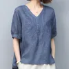 Linnen kant vrouwen vintage dunne shirts tops v-hals half mouw blouses zomer knop chinese stijl losse trui shirts 220408