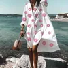 Femmes mode à manches longues imprimé fleuri irrégulière grand ourlet chemise mi-longue en mousseline de soie plage robe d'été L220705