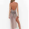 Women Sexy Mesh Beach Dress Sheer Long Cover Up Knitted Glitter Tunic Female Golden Swimsuit Bikini Sarong Swimwear Sling Dress 220512