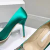 En Kaliteli Rhinestone Toka Dekorasyon Glitter Gelin Ayakkabı Stiletto Topuklu Kadınlar Pompalar Lüks Tasarımcılar Akşam Partisi Düğün Yeşil Topuklu