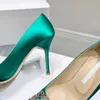 Top Quality Rhinestone Buckle Decoration Glitter Bridal Shoes Stiletto Heels Women Pumps Luxury Designers Evening Party Wedding Green Heeled