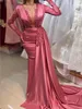 Sexy Elegant Mermaid Evening Dresses Wear Lace Appliques Crystal Beads Deep V Neck Illusion Long Sleeves Sweep Train Prom Dress Formal Party Gowns 403