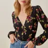 Bloups feminina camisas tops mulheres 2022 Roupas de moda Elegante Vintage Floral Print Chiffon Blouse Shirt Front Butrowed V Neck Long Slev