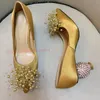 Dress Shoes Crystal Satin Sandals Pineapple Heels Women Classic High Brand Stilettos 8cm Gold Pumps Genuine Leather ShoesDress