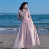 Vestidos casuais vestido rosa francês retro para slim dama de verão jacquard renda spaghttti tira sexy longa festa noturna rosa vestidocasua