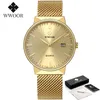 Wwoor Männer einfache schlanke Uhren Luxusmarke Gold Steel Mesh Ultra dünn wasserdichtes Datum Handgelenk Goldene Uhr mit Boxpaket 220329