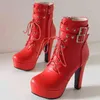 Stiefel Rot Gelb Weiß Frauen Knöchel Plattform Schnürung High Heel Kurzer Stiefel Weibliche Schnalle Herbst Winter Damen Schuh Große Größe 50 220805