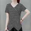 Mode Temperament Frühling Sommer Streifen Langarm V-ausschnitt frauen Hemd Spleißen Casual Lose Spitze Elegante Tops L220705