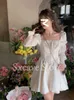2022 Yaz Lolita Mini Elbise Y2K Rahat Uzun Kollu Dantel Vintage Zarif Tek Parça Elbise Kore Dış Giyim Kısa Parti Elbise Kawaii G220414