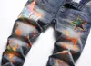 Jeans Hommes Slim Fit Orange Peint Bleu Hommes Broderie Denim Pantalon Jean Pantalon Décontracté