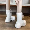 Rimocy White Pu Leather Ankle Boots For Women 2022 Fashion Lace Up Chunky Shoes Woman Autumn Winter Platform Motorcykelstövlar Y220707