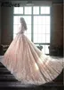 Champagne Princess Ball Gown Wedding Dresses With Long Sleeves Bateau Neck Floral Lace Appliques Beaded Bridal Dress Chapel Train Duabai Arabic Vestidos CL0788