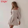 TTQV Winter Ampricot Long Sleeve Vresses الأنيقة للنساء مثير مربع طوق حفلة صغيرة فستان سيدة Bodycon فستان واحد صدر T220804