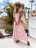 Women Elegant Floral Print Boho Maxi Dress 2022 Summer Square Collar Ruffle Sleeve Backless A-line Splic Beach Dress Robe Femme G220510