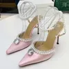 Sandalen Spitz Zehen Seide Satin High Heel Pumps Frauen Kristall Perle Kette Dekor Knöchel Riemchen Sexy Hochzeit Braut Schuhe 2023 Sandalen