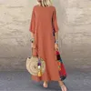 Vestido largo vintage para mujer Verano Sólido O Cuello Costura Impreso 3 4 Botones laterales de manga es Suelto Casual Largo Tallas grandes 220611