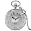 Zilveren Horloge Gesneden Romeinse nummer Case Mannen Dames Quartz Pocket Clock Trui Ketting Arabische Cijfer Kies Gift