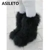 Asileto Winter Boots Women Real Hairy Feather Furry Fur Furs Plush Ski Outdoor Eskimo Boots Fluffy Bootie T553 201029