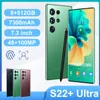 2022 Hot Selling Smart Phone S22 Ultra 5G 7.3 Incell Real Perforated Screen 8GB 512GB 6800MAH 3D Elektropläterad gradientglas bakre lock