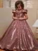 2022 Principessa in oro rosa con paillettes Abiti da ragazza di fiore per matrimonio con spalle scoperte Maniche ad aletta Abito da prima comunione Vestito da ballo per bambini Abiti da spettacolo per ragazze C0418