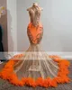 Vestido de formatura sereia recém-laranja com penas 2022 lantejoulas vestidos de noite com miçangas para festa feminina