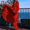 Party Dresses Women's Bohemian Deep V-Neck Dress Slits Big Swing Long kjol Gul Solid Cute Gaze Sleeve Evening Dressparty