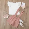 Enfants bébé filles été mouche manches hauts solide t-shirts salopette enfant en bas âge enfants vêtements décontractés ensembles 2 pièces 16Y 220615