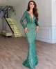 Green Mermaid Prom Dresses Long Sleeves Deep V Neck Lace Hollow Appliques Sequins Sparkling Beads Floor Length Party Evening Gowns Plus Size Custom Made Tailored