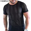 Été Hommes Rayé T-shirt Maille Transparent O Cou À Manches Courtes Sexy Tee Tops Streetwear Party Casual Camisetas INCERUN 7 220407