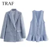 TRAF ZA femmes ensembles élégants Plaid texturé cranté Blazer + sans manches plissée Mini robe tenue de bureau ensemble femme 2 pièces W220331