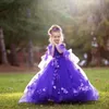 Purple Appliqued Flower Girl Sukienki na wesela balowy z ramion kwiatowe sukienki Kommunia