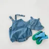 2 stücke Denim Jumpsuits für Kinder Overalls mit Hut Sleeveless Baby Strampler Für Mädchen Jungen Kleidung Infant Outfit Set Kleinkind Kleidung