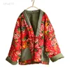 Winter Warme Kimono Frau Dicker Chinesischen Stil Baggy Oberbekleidung Vintage Baumwolle Leinen Gepolsterte Jacken Lose Druck Mantel L220725