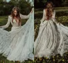 Bohemian Stylish Full Lace Country Wedding Gowns with Long Sleeves Sexy V Neck Backless Boho Bridal Dresses A Line Sweep Train Rustic Brides Robes De Mariee