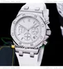 37mm Date 26231 Miyota Quartz Chronographe Montre Femme Cadran Texture Blanche Chronomètre Boîtier Acier Lunette Diamant Bracelet Caoutchouc Blanc Mode Lady Montres HelloWatch