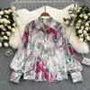 Spring Autumn Temperament Fashion Retro Chiffon Floral Blouses Print Loose Lapel Puff Sleeve Top GD611 Button Up Shirt Female 220407