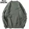 Hip Hop Streetwear Strick Männer Vintage Retro Plain Ripped Pullover Cotton Haruku Freier loser Pullover 201203