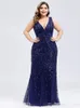 Plus Size Sleeveless Cocktail Dress V Neck Back Mermaid Party Prom Gowns Tulle Sequins Full estidoes Women 220527