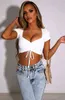 Fashion Women Summer Crop Top Adults Slim Fit Ruched Solid Color Short Sleeve V-Neck Drawstring T-shirt Basic Tee Y220411