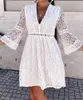 Casual Dresses Summer Women Lace Dress Sexy See-Through Deep V-Neck High Waist Hollow Out Mini Female Outfit Party ClubwearCasual