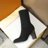 Tejer elasticidad Botines Diseñador de moda Impresión Colores mezclados Zapatos de calcetín Bota elástica Medio estilete Botín de calidad superior Botines de mujer de tacón alto