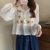 Women's Blouses & Shirts Stylish Women Puff Sleeves Blouse Tops Thin Coat Retro French Embroidered Knit Cardigan Exquisite Babydoll ShirtsWo